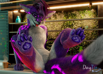 anthro bent_legs black_hair blue_body blue_fur claws close-up colored_sclera container cup depth_of_field detailed_fur feet fluffy fluffy_paws fluffy_tail foot_focus fur fur_markings fur_texture glowing glowing_markings hair light_source long_tail looking_at_viewer male markings multicolored_body multicolored_fur multicolored_hair open_mouth pawpads paws pink_eyes plant pose posed purple_body purple_fur purple_hair realistic_fur sitting smile soft_lighting solo tail toe_claws toes tongue tongue_out white_body white_fur window daytia c4d rexouium 3d_(artwork) cinema_4d_(artwork) detailed digital_media_(artwork) hi_res signature