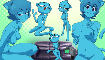 angry anthro blue_body blue_fur blush breasts camera casting_couch embarrassed female fur furniture nipples nude pubes sofa solo inker_comics cartoon_network the_amazing_world_of_gumball nicole_watterson domestic_cat felid feline felis mammal 2022 absurd_res hi_res