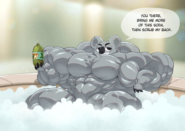 4_fingers abs anthro asking_viewer bath bathhouse bedroom_eyes ben_day_dots biceps big_ears big_muscles big_nose big_pecs black_claws black_eyebrows black_eyes black_nose black_text cheek_tuft chest_tuft claw_fingers claws confident confident_anthro confident_male convenient_censorship darkened_inner_ear deltoids demanding ear_tuft eyebrows facial_tuft featureless_chest fingers forearm_muscles froth fur grey_body grey_fur grey_inner_ear half-closed_eyes head_tuft holding_object huge_muscles hyper hyper_muscles lather latissimus_dorsi leaning leaning_against_object leaning_backward looking_aside_at_viewer looking_at_viewer male muscular muscular_anthro muscular_legs muscular_male narrowed_eyebrows narrowed_eyes navel no_pupils pecs photo_background quads round_ears seductive serratus short short_male small_but_hung small_hands smug soapy soda_bottle solo sparkles speech_bubble spread_legs spreading talking_to_viewer teeth text thick_thighs toothy_grin trapezius triceps tuft white_sclera crimsonrabbit cartoon_network we_bare_bears nom_nom_(we_bare_bears) koala mammal marsupial vombatiform 2022 digital_media_(artwork) english_text hi_res line_art photography_(artwork) shaded shaded_line_art