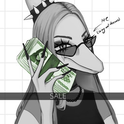 anthro bone_frill clothed clothed_anthro clothed_female clothing collar directional_arrow eyewear female fingernails fingers frill_(anatomy) hair holding_money holding_object humanoid_hands jewelry long_fingernails long_hair looking_at_viewer money nails necklace pattern_background pose simple_background solo spiked_collar spikes sunglasses text akky19 goodbye_volcano_high ko_op_(game_developer) snapchat fang_(gvh) prehistoric_species pterosaur reptile scalie 1:1 bust_portrait english_text hi_res portrait shaded spot_color