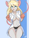 anthro big_breasts blonde_hair blue_eyes breasts cloth clothed clothing curvy_figure female fur grey_body grey_fur hair hourglass_figure navel open_clothing open_shirt open_topwear panties shirt simple_background smile solo topwear underwear wide_hips ileomaru clemont_(phalanges) mammal mouse murid murine rodent digital_media_(artwork) hi_res