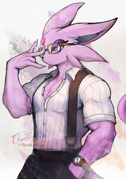 anthro anthrofied belt black_bottomwear black_clothing bottomwear claws clock clothed clothing eyewear finger_claws fingers fully_clothed fur glasses hand_in_pocket light_body light_fur male muscular muscular_anthro muscular_male overalls pink_body pink_fur pockets purple_eyelids topwear watch white_clothing white_topwear wristwatch yellow_eyewear yellow_glasses thwillartz nintendo pokemon eeveelution espeon generation_2_pokemon pokemon_(species) 2025 hi_res watermark