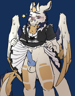 anthro balls big_ears big_wings blue_penis blush bottomwear chest_tuft clothed clothing clothing_lift crossdressing erection eye_half_closed facing_forward fangs feathers femboy fluffy fluffy_tail fur genitals horn inner_ear_fluff knot knotted_penis looking_at_viewer maid_uniform male multicolored_body multicolored_fur penis skirt skirt_lift solo star tail teeth tuft uniform wings yellow_horn silly_monke mythology blueberry_(smolderg) dragon furred_dragon furred_scalie mythological_creature mythological_scalie scalie absurd_res alpha_channel hi_res