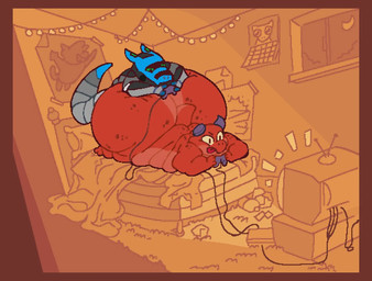 anthro bed bedroom belly_rolls big_butt broken_horn butt controller duo electronics freckles furniture game_console game_controller gaming horn huge_butt hyper hyper_butt long_tail lying lying_on_butt male messy_room moon night on_front overweight overweight_male playing_video_game poster short_tail tail television television_glow tongue tongue_out roundedpentagon damians_(damians127) hookjaw_(mngoez) kobold scalie synth_(vader-san)