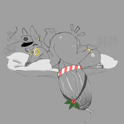 anthro balls big_balls big_penis biped black_text butt closed_smile clothing dialogue ear_piercing ear_ring exclamation_point eyelashes eyes_closed fur genitals grey_background hat headgear headwear huge_balls huge_penis humanoid_genitalia humanoid_penis hyper hyper_genitalia male mouth_closed nude penis piercing pillow ring_piercing simple_background smile solo talking_to_another text cofficremer coffi_(cofficremer) canid canine fox mammal 1:1 2025 english_text hi_res