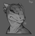 absurd_res anthro argonian bethesda_softworks bust_portrait chin_spikes deeja facial_spikes female female_anthro florecentmoo frown greyscale hi_res horn microsoft monochrome portrait scalie scowl skyrim solo spikes spikes_(anatomy) the_elder_scrolls