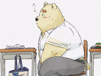 anthro black_nose blush bottomwear classroom clothing kemono male overweight overweight_male pants school shirt sitting solo topwear pommn_mn bear mammal 2022 4:3 hi_res