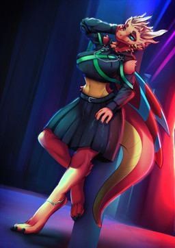 anthro belly belt big_breasts black_sclera blue_eyes bottomwear breasts chain clothing digitigrade female fur midriff navel red_body red_fur skirt solo tail wings alipse mythology arthropod dragon hybrid insect lepidopteran moth mythological_creature mythological_scalie scalie hi_res