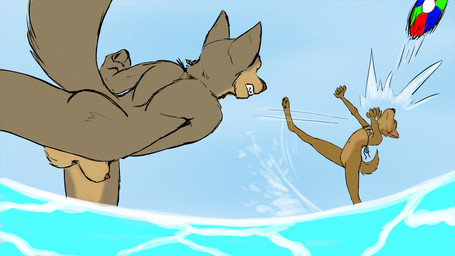 animal_genitalia anthro ball balls barely_visible_genitalia barely_visible_vulva beach_ball biped bottomless brown_body brown_fur casual_exposure casual_nudity clothed clothing duo female fur genitals inflatable male motion_lines nude pain partially_submerged penis penis_tip sheath topwear vulva young young_anthro misterpickleman taylor_knight tristan_knight canid canine canis mammal wolf 16:9 2017 hi_res widescreen brother_(lore) brother_and_sister_(lore) sibling_(lore) sister_(lore)