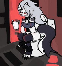 alternative_fashion angry annoyed anthro bathroom being_watched black_clothing black_panties black_underwear blush blush_lines bottomwear bottomwear_down choker clothed clothing cross-popping_vein embarrassed female jewelry looking_at_another necklace panties panties_down pants pants_down partially_clothed paws pooping pooping_in_toilet red_eyes shorts shorts_down sitting sitting_on_toilet solo toilet toilet_paper toilet_use topwear underwear underwear_down walk-in noli_(artist) hellaverse helluva_boss mythology loona_(helluva_boss) canid canid_demon canine canis demon hellhound mammal mythological_canine mythological_creature wolf hi_res
