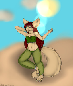 4_toes anthro barefoot belly_dancer belly_dancing big_ears biped black_nose blue_background blue_eyes breasts claws clothing cloud desert feet female fluffy fur hair harem harem_outfit hindpaw looking_at_viewer outside pawpads paws sand simple_background sky smile solo standing sun tan_background tan_body tan_fur toes translucent translucent_clothing alizabeth_shepherd soraya_elcar canid canine fennec_fox fox mammal true_fox 2013 hi_res