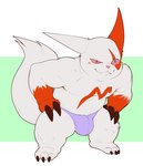 anthro blush bulge claws clothing cute_fangs fangs fur male pecs pink_eyes simple_background smug solo teeth thong toe_claws underwear white_body white_fur bristol nintendo pokemon generation_3_pokemon pokemon_(species) zangoose absurd_res hi_res