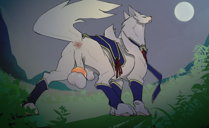 albino animal_genitalia anus arm_warmers armwear ball_ring ball_stretcher balls butt canine_genitalia clothed clothed_feral clothing feral fluffy fluffy_tail fully_sheathed fur genitals grass kamura_armor leg_warmers legwear male moon night pawpads pink_anus pink_nose pink_pawpads plant presenting presenting_balls presenting_hindquarters scarf sheath sky solo tail testicle_cuff white_body white_fur yellow_eyes kamelotnoah capcom monster_hunter hauser_(anormaldog) canid canine canyne mammal palamute full-length_portrait hi_res portrait