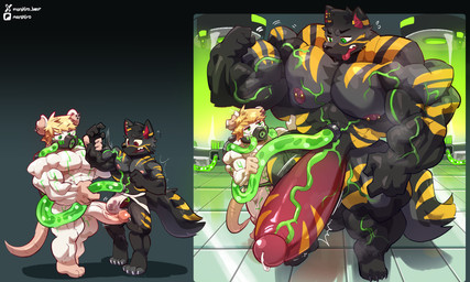 anthro big_muscles big_penis blonde_hair bodily_fluids changing_eye_color clothing duo ear_piercing expansion flexing floor fluffy fluffy_tail fur gas_mask genital_expansion genital_fluids genital_markings genital_piercing genitals green_eyes green_fluid green_veins grey_body grey_fur growth hair hairless_feet hairless_hands hose hose_in_navel huge_muscles huge_penis humanoid_genitalia humanoid_penis hyper hyper_genitalia hyper_muscles hyper_penis jockstrap laboratory male male/male markings mask muscle_growth muscular muscular_arms muscular_male muscular_thighs navel_insertion nipple_piercing nipples notched_ear nude pecs penis penis_expansion penis_markings penis_piercing piercing prince_albert_piercing rat_tail red_eyes red_penis scientific_experiment sweatdrop_(iconography) tail tile tile_floor tongue tongue_out transformation tube tube_in_navel underwear vein veiny_muscles veiny_penis white_body white_fur worried yellow_markings marshiro jack_al-inpu_(flusspuss) riley_(flusspuss) canid canine mammal murid murine rat rodent 5:3 absurd_res hi_res sequence