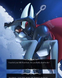 2_horns anthro anus biped black_body black_eyes blush breasts butt clothing dialogue dialogue_box duo empty_eyes exclamation_point female female/female female_anthro fingers flower genitals glistening glistening_body holding_melee_weapon holding_object holding_weapon horn looking_at_another lying melee_weapon nude on_back on_ground pinned pinned_to_ground plant question_mark red_clothing sexual_tension talking_to_another text vulva weapon white_body white_eyes white_flower white_text snom_doodles hollow_knight:_silksong hollow_knight_(franchise) team_cherry hornet_(hollow_knight) lace_(hollow_knight:_silksong) arthropod insect 2025 4:5 english_text hi_res