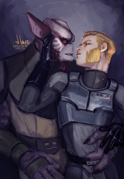 beard blonde_hair clothed clothing duo facial_hair gloves hair handwear male male/male pointy_ears size_difference text uniform hayesflint star_wars star_wars_rebels alexsandr_kallus garazeb_orrelios alien human humanoid lasat mammal hi_res url