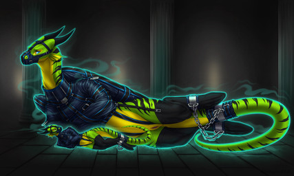anthro armbinder binder_(restraint) bondage_gear bound clothing cuff_(restraint) duo female feral genitals green_body green_scales latex latex_clothing legwear markings muzzle_(object) restraints scales stockings striped_markings stripes tail tail_cuff tail_tied vulva wingbinders wrist_cuffs ammylin mythology adhara dragon mythological_creature mythological_scalie scalie 5:3 hi_res