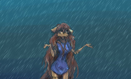 anthro arm_markings arm_tattoo black_nose breasts brown_body brown_eyes brown_fur brown_hair cheek_tuft clothing ear_piercing facial_markings facial_tattoo facial_tuft female female_anthro fur hair head_markings leg_markings leg_tattoo long_hair looking_up markings neck_markings neck_tattoo outside piercing raining raised_arms shirt solo standing tattoo topwear tuft wet tinygaypirate apogee_(tinygaypirate) canid canine canis domestic_dog mammal spitz hi_res