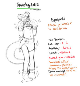 ambiguous_gender ankle_cuffs ankles_tied anthro bdsm bondage bondage_gear bondage_gloves booties bound clean_diaper clothed clothing collar collar_tag color_coded_text cuff_(restraint) cursed_clothing cursed_object description diaper footwear gag gameplay_mechanics gui hands_tied handwear health_bar health_points information level_drain level_number lock_symbol locked_diaper looking_down navel nervous object_in_mouth pacifier pacifier_gag pacifier_in_mouth restraints simple_background solo sparkles standing tail tail_between_legs text three-quarter_view wearing_diaper white_background wrist_cuffs foxehhyz fisk_(otterbug) mammal mustelid otter 2023 character_name english_text full-length_portrait hi_res portrait sketch