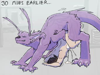 6_legs antennae_(anatomy) bestiality big_ears bodily_fluids cum cum_inflation cum_inside doggystyle duo feral feral_dominating_human from_behind_position fur genital_fluids gills gym human_on_feral human_penetrated inflation interspecies male male/male male_penetrated mating_grip motion_lines mounting penetration purple_body quadruped semi_public sex simple_background stretching striped_body striped_fur stripes thathareboy alien human mammal 4:3