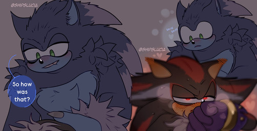 anthro bite biting_lip blush blush_lines bodily_fluids duo fangs fur male male/male musk sniffing speech_bubble sweat sweatdrop teeth text shipslucia sega sonic_the_hedgehog_(series) sonic_unleashed shadow_the_hedgehog sonic_the_hedgehog sonic_the_werehog eulipotyphlan hedgehog mammal vampire werecreature wereeulipotyphlan werehog hi_res