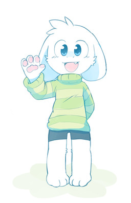 anthro blue_eyes bottomwear cheek_tuft clothing cute_fangs exposure_variation facial_tuft fangs fur gesture green_clothing green_sweater green_topwear hand_behind_back happy looking_at_viewer male pattern_clothing pattern_sweater pattern_topwear pawpads shorts simple_background smile snaggle_tooth solo striped_clothing striped_sweater striped_topwear stripes sweater teeth topwear tuft waving white_background white_body white_fur young young_anthro young_male oob undertale undertale_(series) asriel_dreemurr boss_monster_(undertale) bovid caprine goat mammal full-length_portrait hi_res portrait