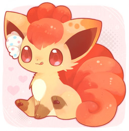 3_toes accessory ambiguous_gender brown_body brown_fur brown_inner_ear brown_markings brown_pawpads brown_spots candy chibi curled_tail dessert ear_markings feet feral food fur gloves_(marking) hair hair_accessory heart_symbol leg_markings licking licking_lips markings multi_tail multicolored_body multicolored_fur orange_body orange_fur orange_hair orange_tail pawpads paws pink_background red_eyes simple_background sitting smile socks_(marking) solo spots tail tan_body tan_fur toes tongue tongue_out white_body white_fur white_markings wrapped_candy michi_runi nintendo pokemon canid canine generation_1_pokemon mammal pokemon_(species) vulpix digital_media_(artwork) low_res unavailable_at_source