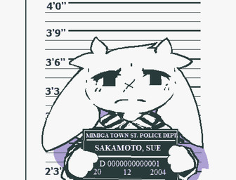 ambiguous_gender anthro black_eyes chart cheek_markings closed_frown eyelashes facial_markings facial_scar floppy_ears frown fur head_markings height_chart holding_object markings mouth_closed prison_uniform prisoner prisoner_id scar solo white_body white_fur x_scar nameofthedj cave_story sue_sakamoto lagomorph mammal mimiga 2025 half-length_portrait portrait female_(lore)
