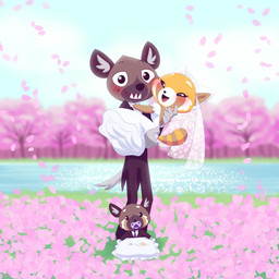 age_difference anthro blurred_background blush bottomwear brown_body brown_fur carrying_another cherry_blossom clothed clothing detailed_background digit_ring dress female flower fully_clothed fur group happy husband_and_wife inner_ear_fluff jewelry larger_female larger_male looking_at_viewer male male_carrying_female married_couple older_female older_male open_mouth open_smile orange_body orange_fur pacifier pants plant prunus_(flower) ring river sharp_teeth size_difference smaller_male smile suit teeth tree tuft water wedding wedding_dress wedding_ring young young_anthro young_male younger_male skelly_doll aggretsuko sanrio haida_(aggretsuko) retsuko ailurid hybrid hyena mammal red_panda spotted_hyena 1:1 absurd_res hi_res father_(lore) father_and_child_(lore) father_and_son_(lore) mother_(lore) mother_and_child_(lore) mother_and_son_(lore) parent_(lore) parent_and_child_(lore) parent_and_son_(lore) son_(lore)