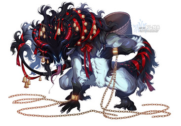 5_fingers anthro bell biped chain claws fingers fur holidays hooves horn male simple_background solo tail tongue tongue_out white_background plna christmas krampus bovid caprine caprine_demon demon goat_demon mammal hi_res