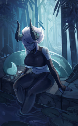 armwear blue_body bottomwear breasts clothing crop_top dripping elbow_gloves female fingerless_gloves gloves hair handwear horn legs_in_water nature one_eye_obstructed pants scales shirt sitting slime solo topwear under_boob water white_hair tasogamaart mythology ulana dragon hybrid mythological_creature mythological_scalie scalie absurd_res hi_res