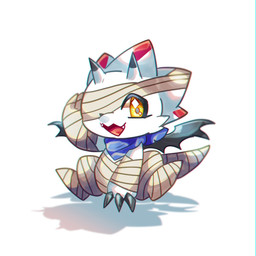ambiguous_gender anthro bandage chibi claws horn looking_at_viewer simple_background sitting solo toilet_paper white_background white_body wings yellow_eyes murasakigezi bandai_namco digimon digimon_ghost_game digimon_(species) gammamon 1:1 hi_res