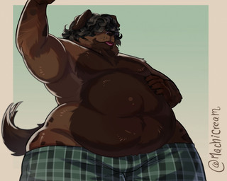 5_fingers anthro belly belly_overhang big_belly black_claws black_hair black_nose blep bottomwear brown_body brown_fur bulge claws clothed clothing deep_navel fingers fur hair male multicolored_body multicolored_fur navel overweight overweight_anthro overweight_male red_tongue shorts solo tail tongue tongue_out mochi_cream38 canid canine canis domestic_dog mammal 5:4 hi_res