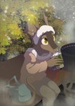 anthro bench clothing coat container cup dairy_products detailed_background eating female food plastic_bag sitting snow solo topwear whipped_cream winter fangsofwhite milanna_(creature71) lizard reptile scalie absurd_res hi_res