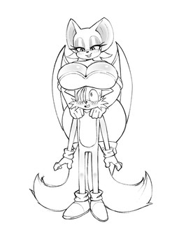 anthro anthro_on_anthro bat_wings big_breasts blush breasts cleavage clothed clothing duo female footwear fur huge_breasts larger_female male male/female membrane_(anatomy) membranous_wings shoes simple_background size_difference smaller_male smile wings young young_anthro young_male grimy291 sega sonic_the_hedgehog_(series) miles_prower rouge_the_bat bat canid canine fox mammal 2026 hi_res monochrome sketch