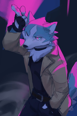 anthro black_bottomwear black_clothing black_nose black_pants black_topwear blue_body blue_eyes blue_fur bottomwear brown_clothing brown_jacket brown_topwear cheek_tuft clothed clothing facial_tuft fur glistening glistening_eyes jacket male narrowed_eyes no_pupils one_eye_closed pants simple_background solo standing topwear tuft white_body white_fur kuttoyaki brand_new_animal studio_trigger shirou_ogami canid canine canis mammal wolf absurd_res colored_sketch hi_res sketch