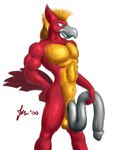 abs anthro balls beak biceps big_penis blonde_hair feathers flaccid genitals grey_beak grey_penis hair hand_on_hip hand_on_own_hip holding_own_penis huge_penis humanoid_genitalia humanoid_penis hyper hyper_genitalia hyper_penis long_penis male muscular muscular_anthro muscular_male navel nude pecs penis red_body red_feathers simple_background solo standing tail tail_feathers white_background yellow_body yellow_feathers jervillian mythology avian gryphon mythological_avian mythological_creature 2000 portrait shaded three-quarter_portrait traditional_media_(artwork)