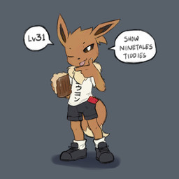 4_fingers anthro anthrofied biped bottomwear brown_body brown_eyes brown_fur brown_tail claws clothed clothed_anthro clothed_male clothing condom_wrapper dialogue finger_claws fingers footwear front_view fully_clothed fully_clothed_anthro fully_clothed_male fur grey_back looking_at_viewer male one_eye_closed pants shirt shoes simple_background smile solo speech_bubble standing t-shirt tail talking_to_viewer text tongue tongue_out topwear sealer4258 nintendo pokemon eevee generation_1_pokemon pokemon_(species) 2025 digital_drawing_(artwork) digital_media_(artwork) english_text hi_res