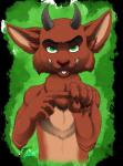 anthro black_background brown_body brown_fur brown_nose cheek_tuft claws dark_body dark_fur facial_tuft front_view fur gesture green_background green_eyes horn light_body light_fur looking_at_viewer male nude paws sex_gesture simple_background smile solo suggestive suggestive_gesture tan_body tan_fur teeth tuft husky-foxgryph iora_(ioragabhar) ioragabhar iorarua bovid caprine eurasian_red_squirrel goat hybrid mammal rodent satyr sciurid tree_squirrel half-length_portrait portrait