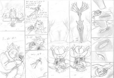 anthro antlers beaten_up blood blood_from_mouth blood_in_mouth bodily_fluids boots bottomwear bruised bruised_face clothing comic_panel defeated defeated_hero duo fainted fainting female feral footwear forest healing_wound holding_object holding_pokeball horn licking_wound looking_at_another lying male multi_tail on_back pants plant pokeball shoes silhouette small_comic sweat tail thought_bubble torn_jacket tree wounded blackfox85 nintendo pokemon gin_(blackfox85) canid canine fox fox_spirit generation_6_pokemon legendary_pokemon mammal pokemon_(species) xerneas absurd_res comic graphite_(artwork) hi_res monochrome traditional_media_(artwork)