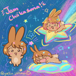 anthro big_ears biped blush blush_lines brown_body cotton_tail emanata female fur lgbt_pride multicolored_body multicolored_fur open_mouth pansexual_pride_colors pride_colors sleeping solo space star two_tone_body two_tone_fur warp_star yellojellow art_fight chiikawa nagano lagomorph leporid mammal rabbit 1:1 hatching_(art) hi_res model_sheet shaded watermark