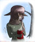 anthro beverage candy chocolate cold container cup dessert eyes_closed female food hair hot_chocolate humanoid_pointy_ears long_ears long_hair mug plant pointy_ears scarf smoke snowflake snowman solo syntax_(rizkitsuneki) tree last69skulls domestic_cat felid feline felis hybrid mammal 2016