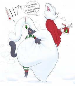 anthro between_buttocks big_butt big_dom_small_sub black_body black_fur blue_eyes butt clothed clothing container cup dialogue dominant duo fur hand_on_hip huge_butt male male/male mug musk musk_cloud no_underwear pantsless simple_background size_difference speech_bubble sweater text topwear white_body white_fur iamapoliceman domestic_cat felid feline felis mammal 2025 english_text hi_res