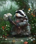 armor feral flower food fruit fungus hammer holding_object holding_weapon male mushroom nature nature_background plant satchel solo strawberry tools weapon markuserdtart sir_dun_cullin arthropod badger butterfly gastropod insect lepidopteran mammal mollusk mustelid musteline snail adversarial_noise