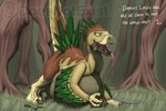 2020 abdominal_bulge ambiguous_gender bodily_fluids brown_body brown_feathers claws deinonychus dialogue digital_media_(artwork) dinosaur doesnotexist dromaeosaurid drooling english_text feathers feral forest grass green_body green_feathers grey_body grey_scales hi_res lacertius offscreen_character open_mouth plant pupils raised_tail reptile saliva saliva_string scales scalie signature slit_pupils solo tail tan_body tan_feathers tan_scales text theropod tongue tongue_out tree vore watermark yellow_eyes