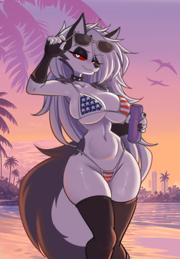 anthro bikini biped breasts clothed clothing detailed_background eyelashes eyewear female legwear outside pupils smile sunglasses swimwear thigh_highs two-piece_swimsuit lucyfercomic hellaverse helluva_boss mythology loona_(helluva_boss) canid canid_demon canine demon hellhound mammal mythological_canine mythological_creature absurd_res hi_res