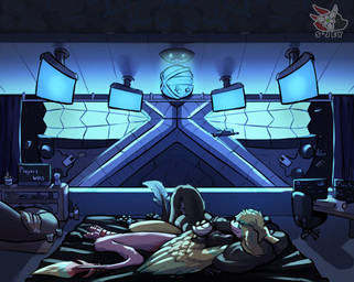 4_ears ambiguous_gender anthro athletic bed claws duo dyson_sphere feathers furniture legs_up lying multi_ear muscular on_back on_bed smile space space_station spacecraft tail text vehicle winged_arms wings sjey_arts aerine quinn_(moth4250) avali avian hi_res
