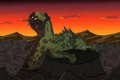 ambiguous_penetration anthro anthro_on_anthro anthro_penetrating black_body black_fur bodily_fluids cum cum_drip dripping duo female female_penetrated fur genital_fluids green_body green_scales grey_body grey_fur interspecies larger_penetrated male male/female male_penetrating male_penetrating_female orange_body orange_fur outside penetration scales sex size_difference sunset tail yellow_eyes zafara_(artist) fallout microsoft kael_(beleynn) canid canine canis deathclaw mammal scalie wolf 2026 3:2 digital_media_(artwork) hi_res