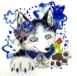 accessory ambiguous_gender anthro black_body black_fur black_nose blue_eyes blush bow_(feature) bow_tie claws clothing duo feral flower fur hair_accessory hat headgear headwear pawpads paws plant simple_background size_difference smile star white_background white_body white_fur kyokyota canid canine canis domestic_dog husky lizard mammal mustelid nordic_sled_dog reptile scalie spitz 2016 absurd_res hi_res traditional_media_(artwork)