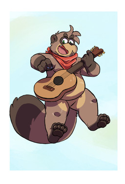 acoustic_guitar anthro barazoku border fur guitar guitar_pick kemono kerchief male multicolored_body multicolored_fur musical_instrument overweight paws plucked_string_instrument slightly_chubby solo string_instrument white_border andythetanuki andythetanuki_(character) canid canine mammal raccoon_dog tanuki absurd_res hi_res